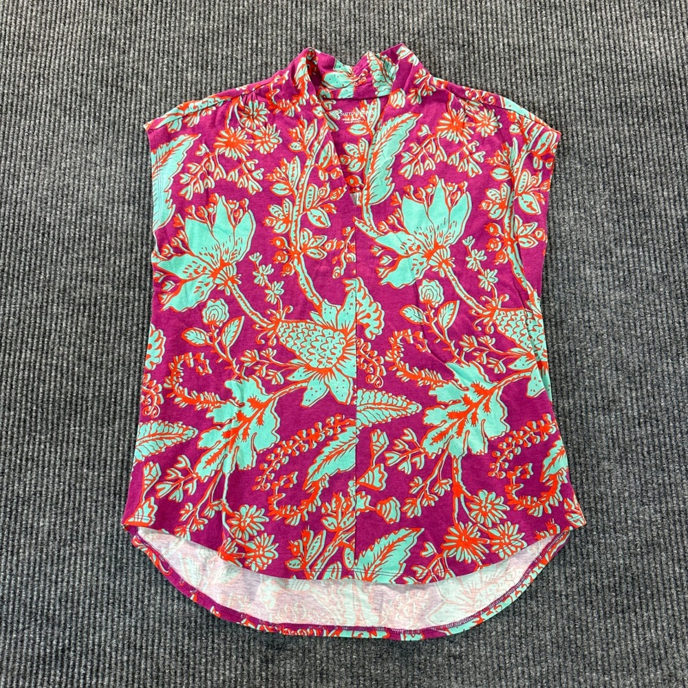 Soft Surroundings Womens Petite Medium Floral V-Neck Sleeveless Top Purple Teal